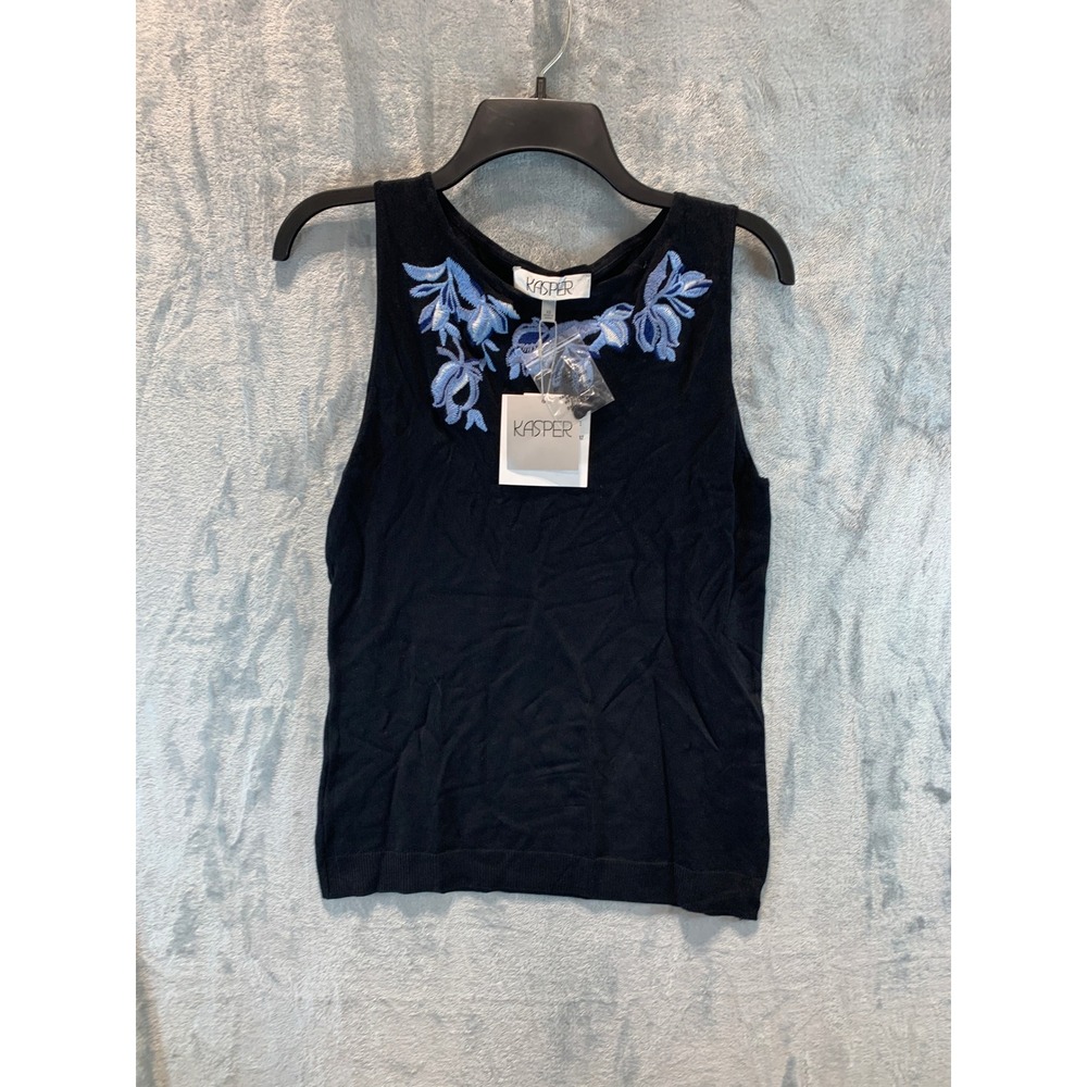 Kasper Womens Black Sleeveless Sweater Top Blue Floral Embroidery XS 10924833